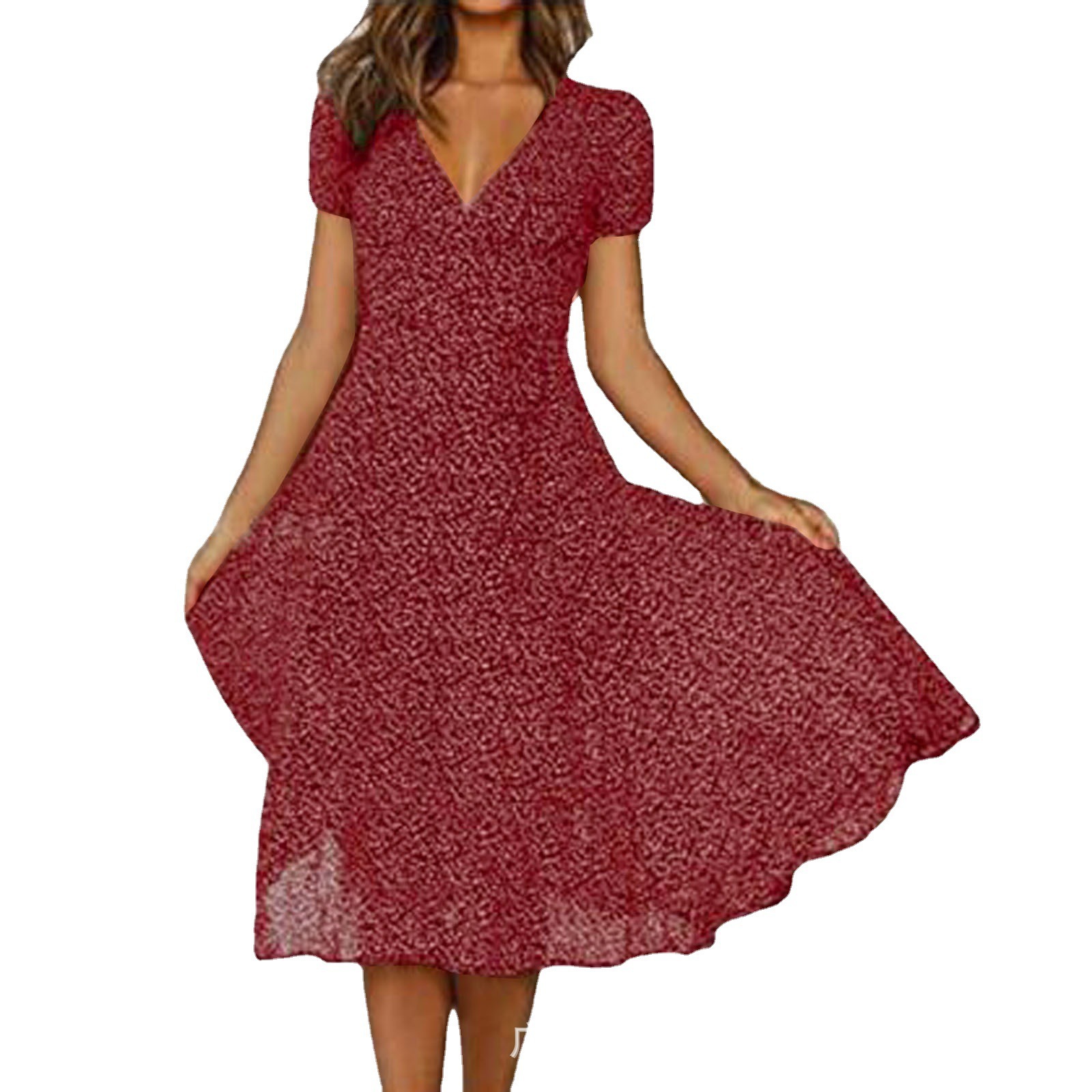 Women's Short Sleeve V-Neck Polka Dot Print Midi Dress