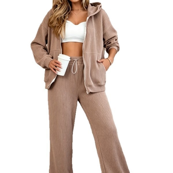 Women's Corduroy Hooded Zip Cardigan and Jogger Two-Piece Set