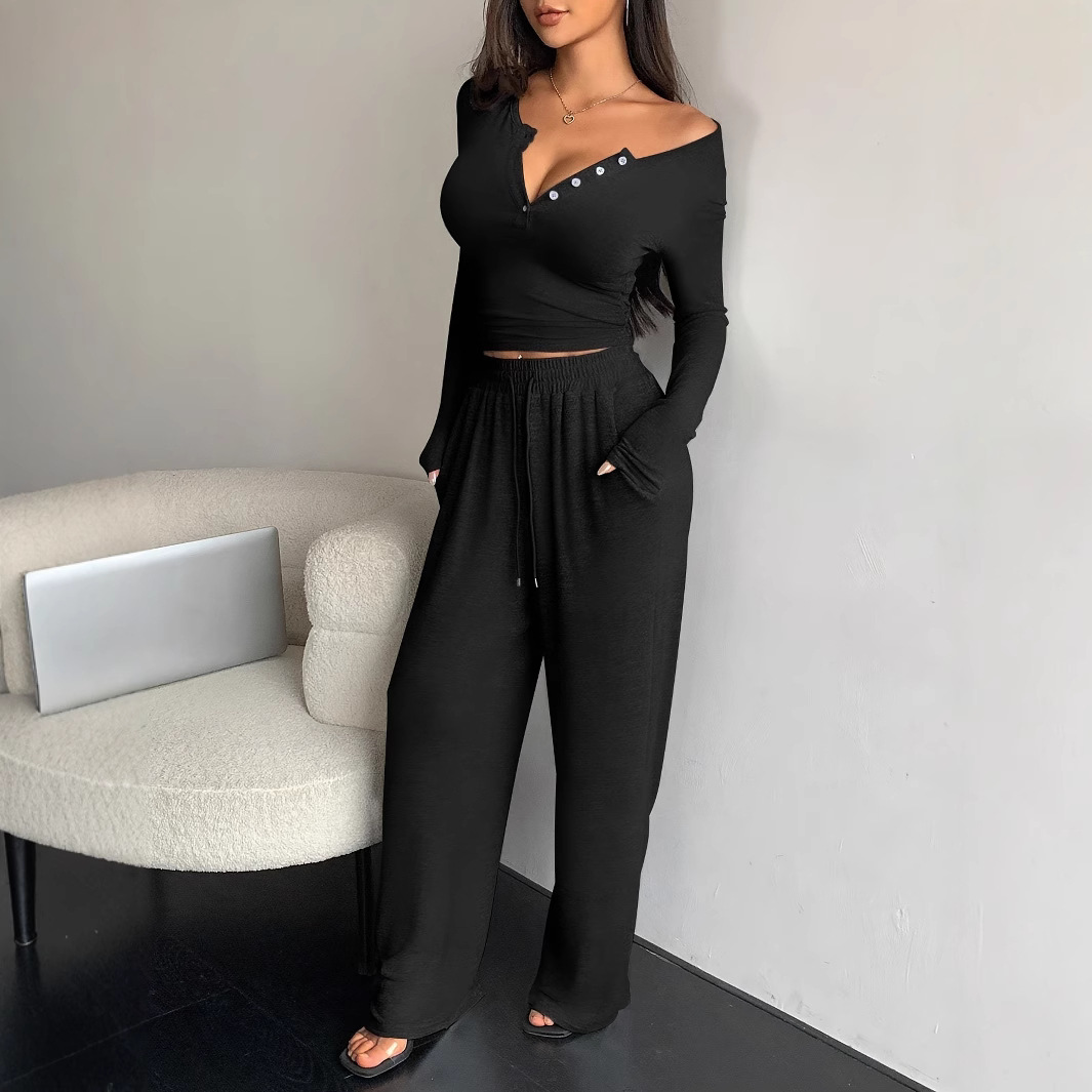 Women's Long Sleeve Button-Front Solid Slim Top and Pants Two-Piece Set