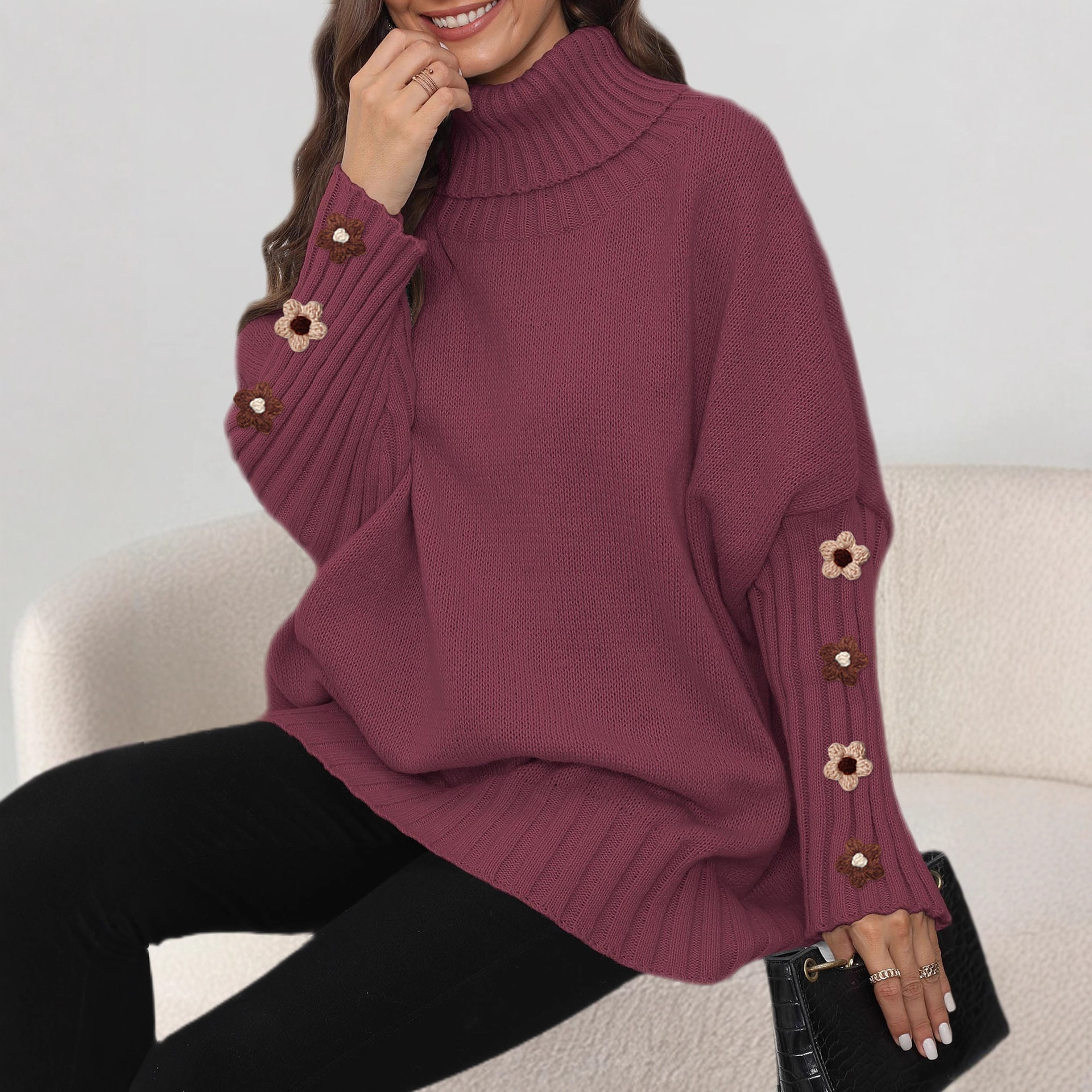 Women's Knit Turtleneck Sweater Solid Color Loose Fit Pullover Top