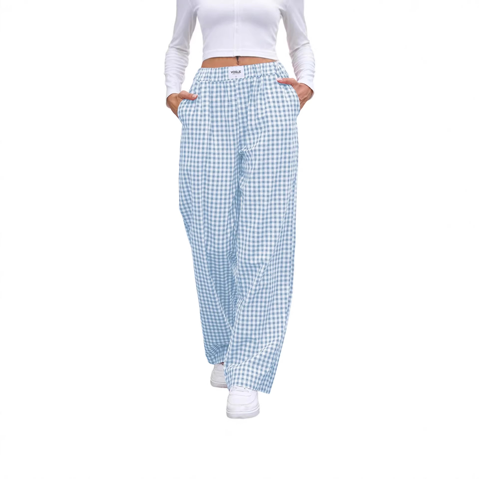 Women's Plaid Cotton-Blend Wide-Leg Lounge Pants with Pockets