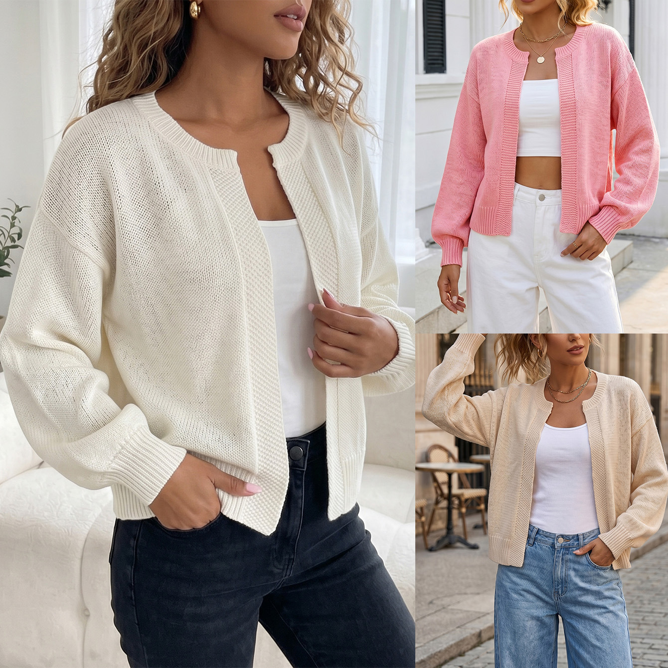 Women's Loose Knit Cardigan Long Sleeve Crew Neck Solid Color