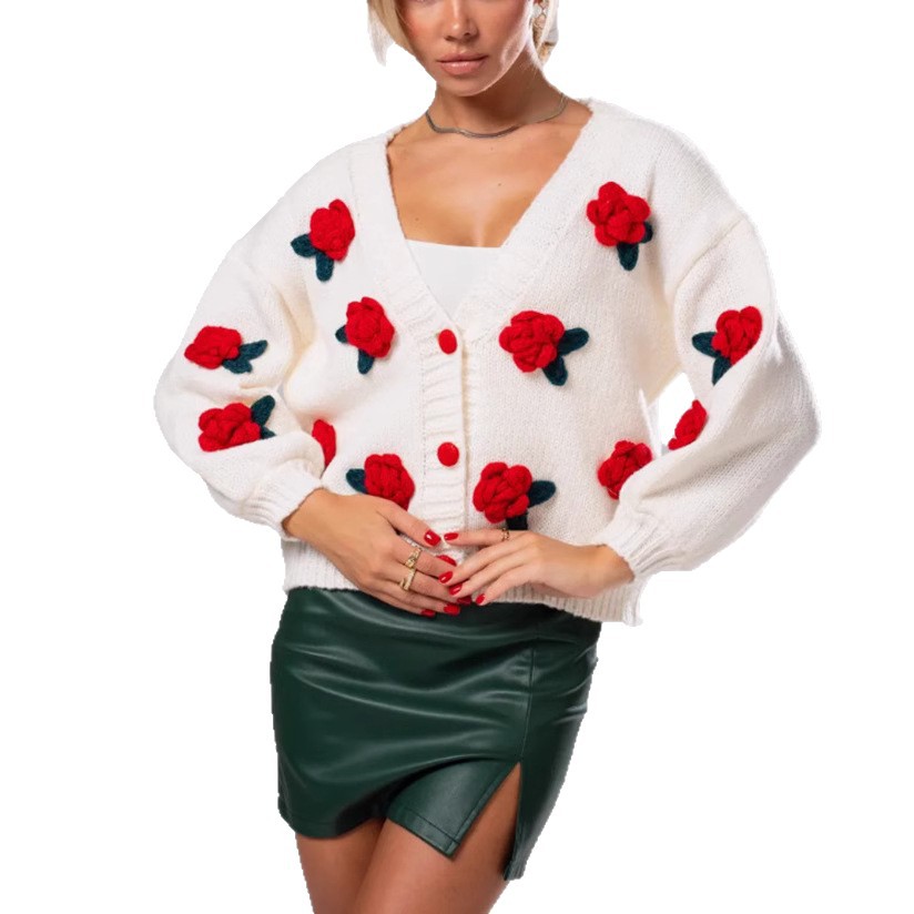 Red 3D Floral Cardigan Sweater Women's Cropped Loose Knit Top