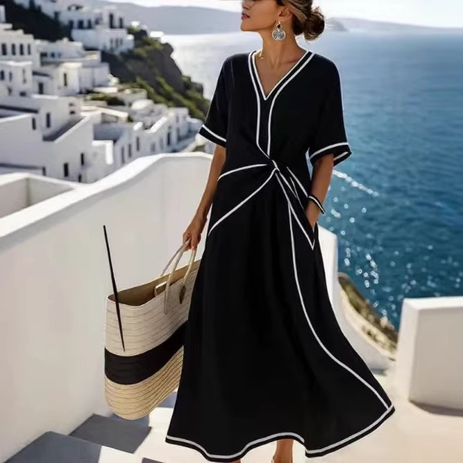 Women's Loose V-Neck Short Sleeve A-Line Midi Dress