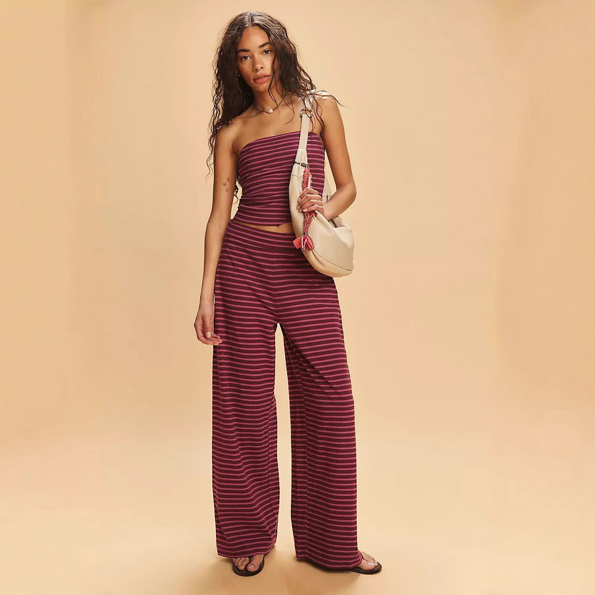 Sexy Striped Colorblock Tube Top and Elastic Waist Pants Two-Piece Set
