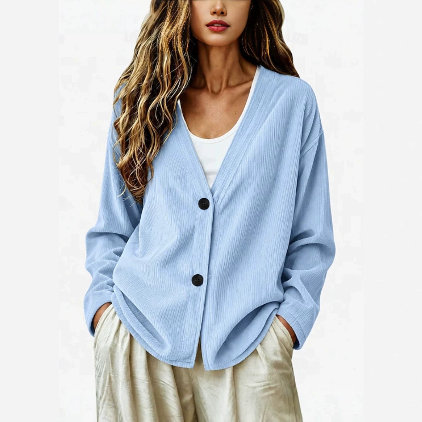 Women's Corduroy V-Neck Button-Front Long-Sleeve Cardigan