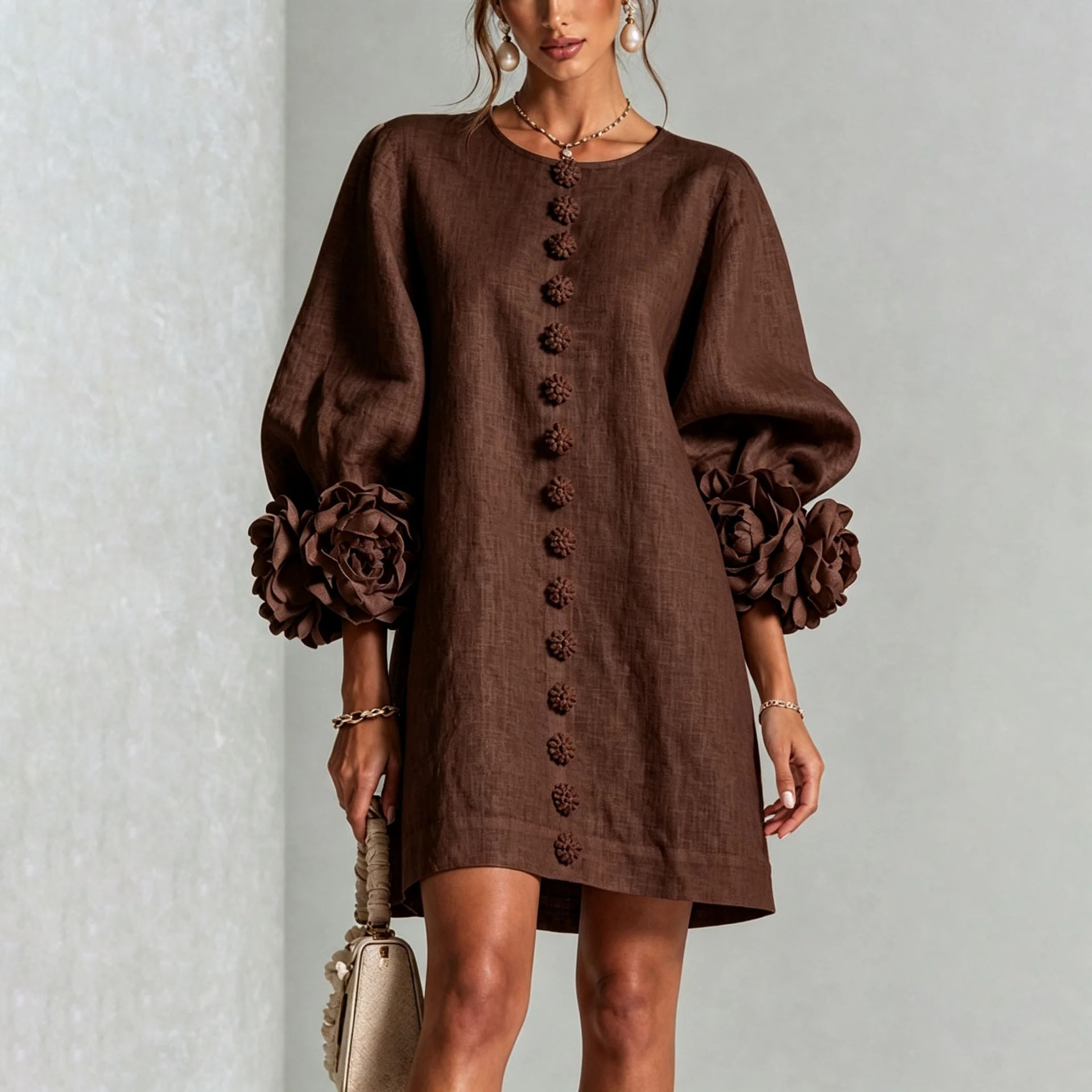 Women's French Style 3D Floral Lantern Sleeve Dress