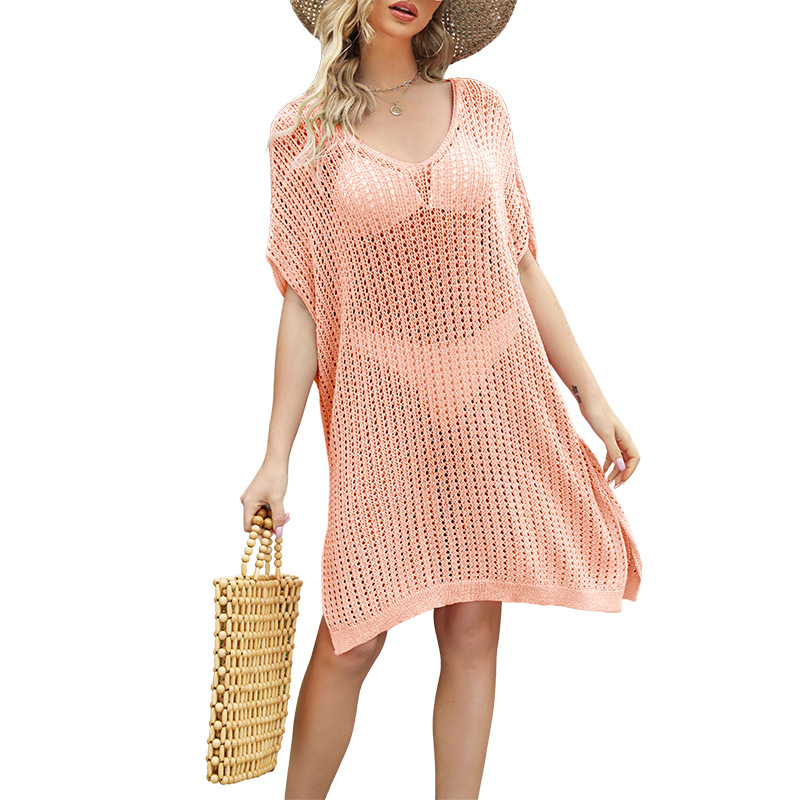 Solid Color Hollow-Out Loose Beach Dress V-Neck Midi Cover-Up