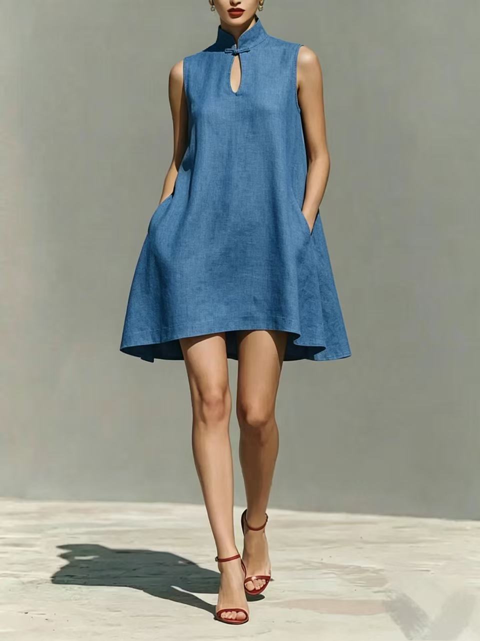 Sleeveless Linen Butterfly-Buckle A-Line Dress