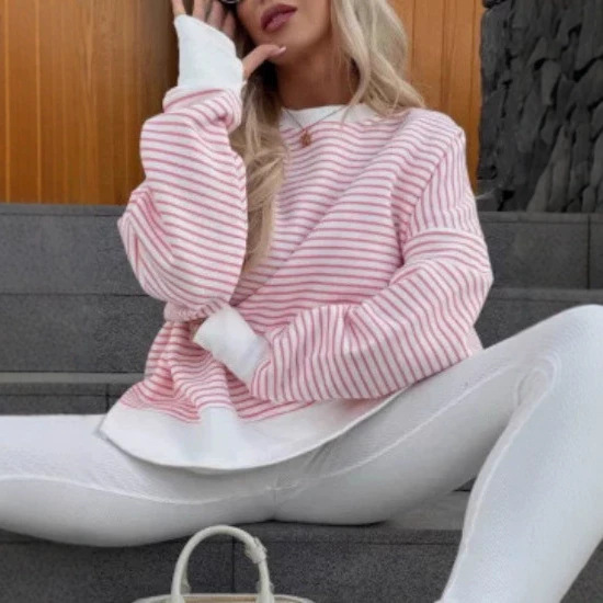 Nautical Striped Crewneck Pullover Sweatshirt for Women Relaxed Fit