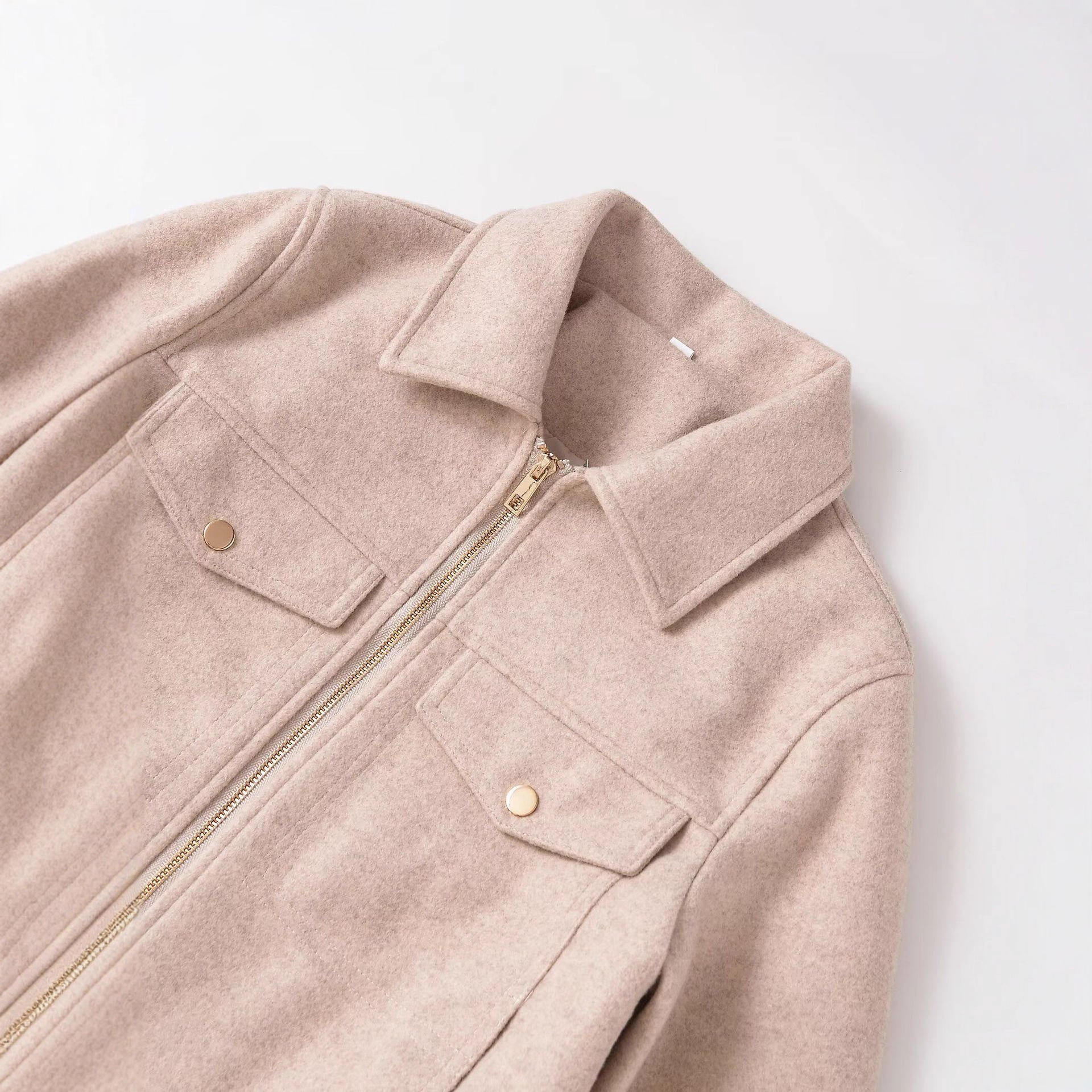 Women's Lapel Collar Long Sleeve Zip Jacket with Pockets