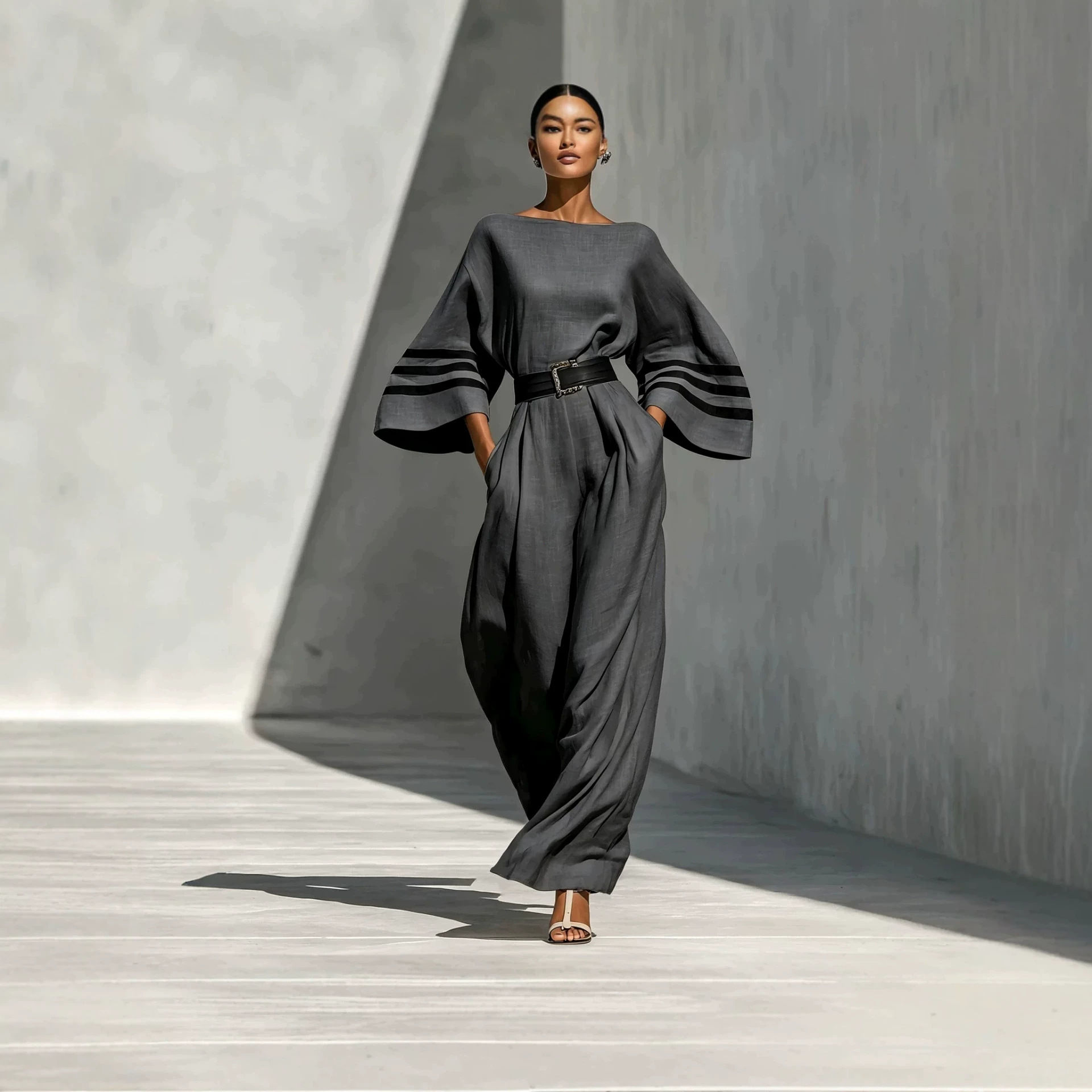 Women's French Style Wide-Leg Jumpsuit Long Sleeve Minimalist Commuter
