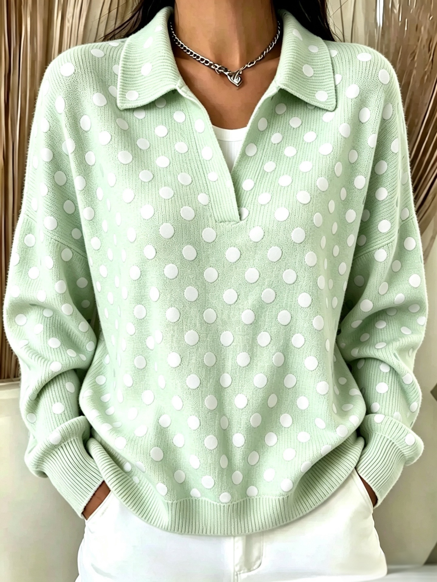 Women's Retro Polka Dot Print Button-Up Collared Sweatshirt