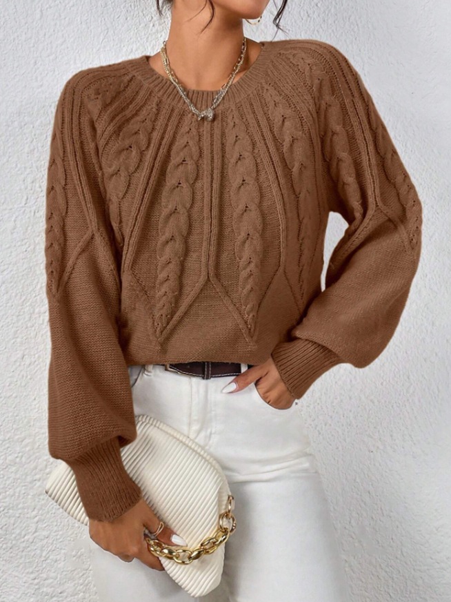 Women's Cable Knit Crewneck Pullover Sweater Solid Color Casual Top
