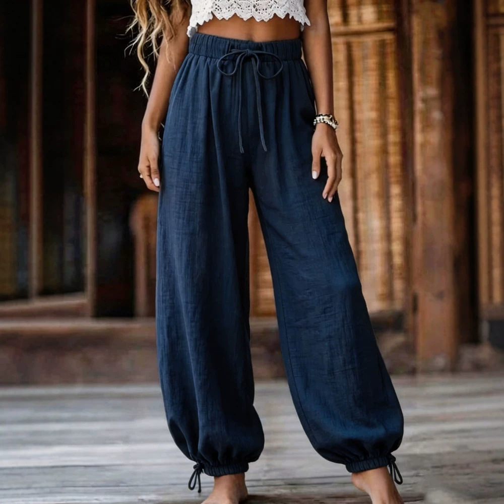 Women's Summer Lightweight Loose Straight-Leg Pants Solid Color High-Waist