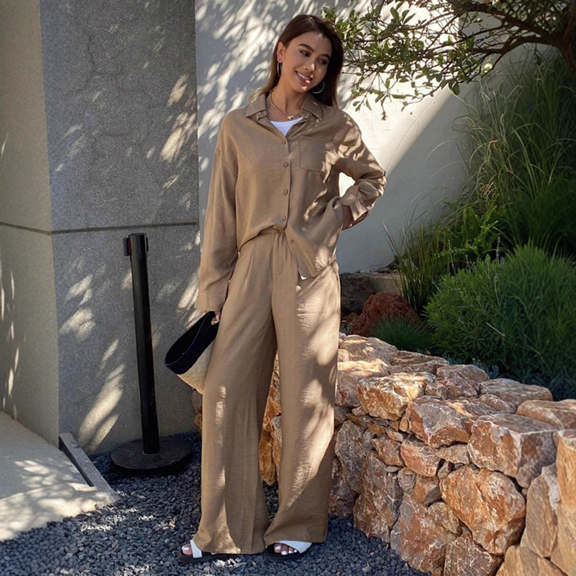 Women's Button-Down Shirt and Pants Two-Piece Set, Loose Casual