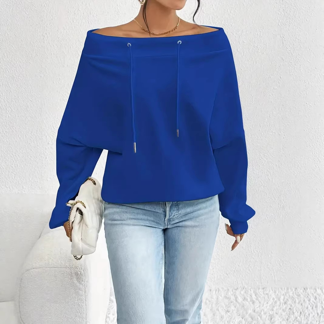 Women's Off-Shoulder Drawstring Top Loose Casual Long Sleeve