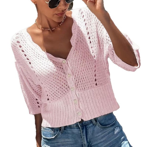 V-Neck Short Sleeve Open Knit Twist Front Casual Cardigan