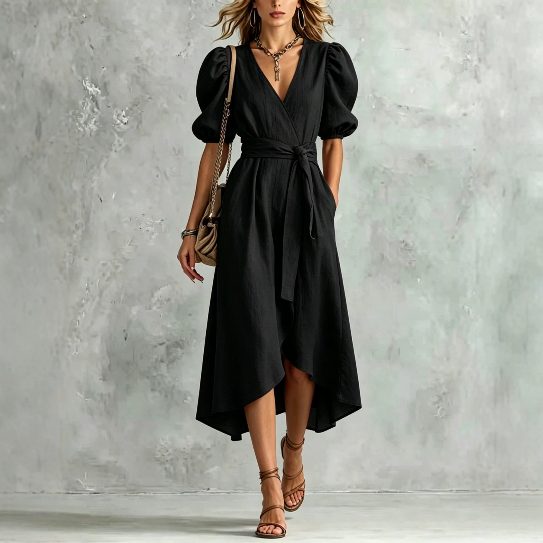 V-Neck Tie-Waist Asymmetrical Midi Dress