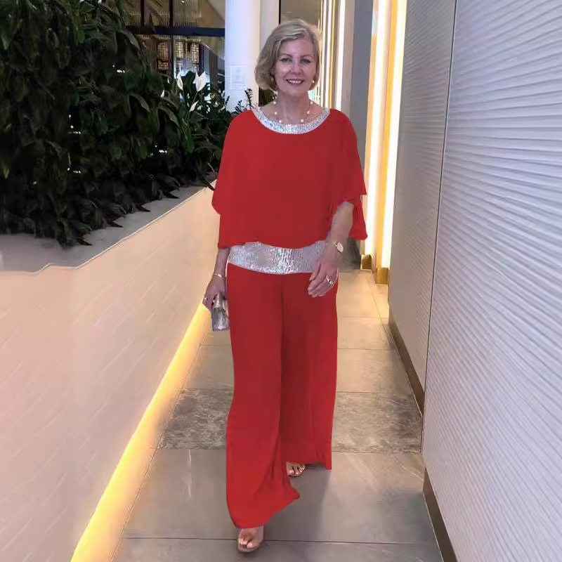 Sequin Colorblock Batwing Sleeve Top & Wide-Leg Pants Set