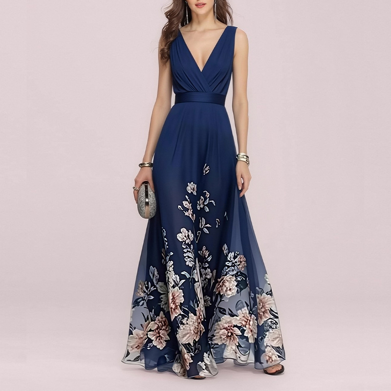 Women's Botanical Print V-Neck Sleeveless A-Line Maxi Dress