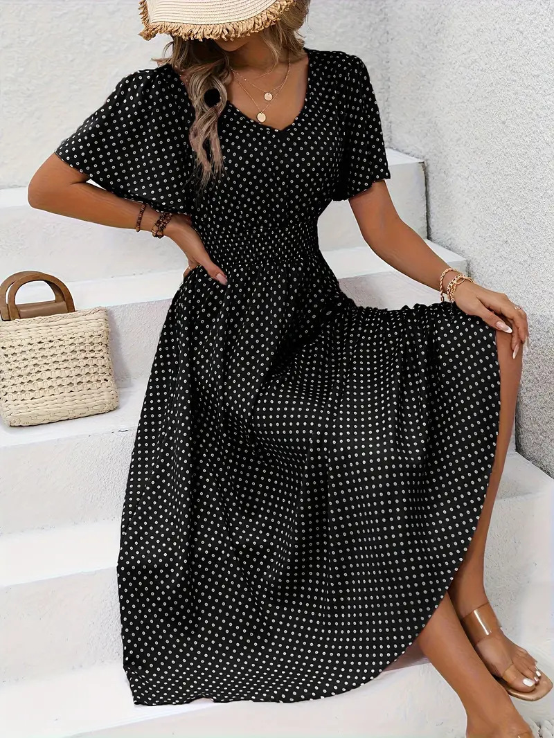 V-Neck Polka Dot Pullover Casual Dress
