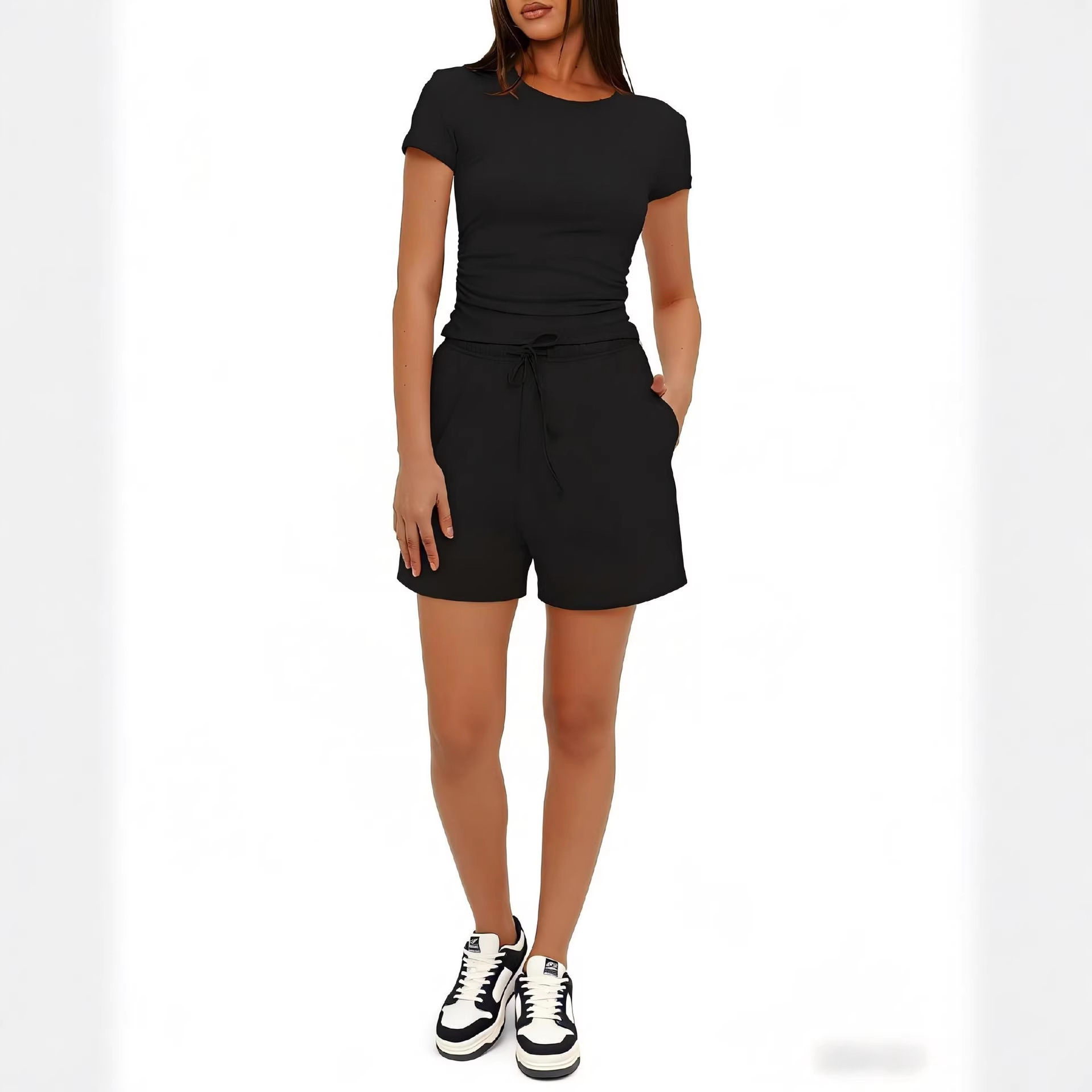 Solid Short Sleeve Tee & High-Waist Wide-Leg Shorts Set