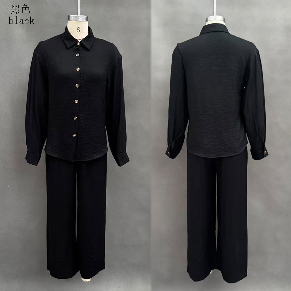 Women's Solid Color Long Sleeve Button Pocket Shirt and Pants Set