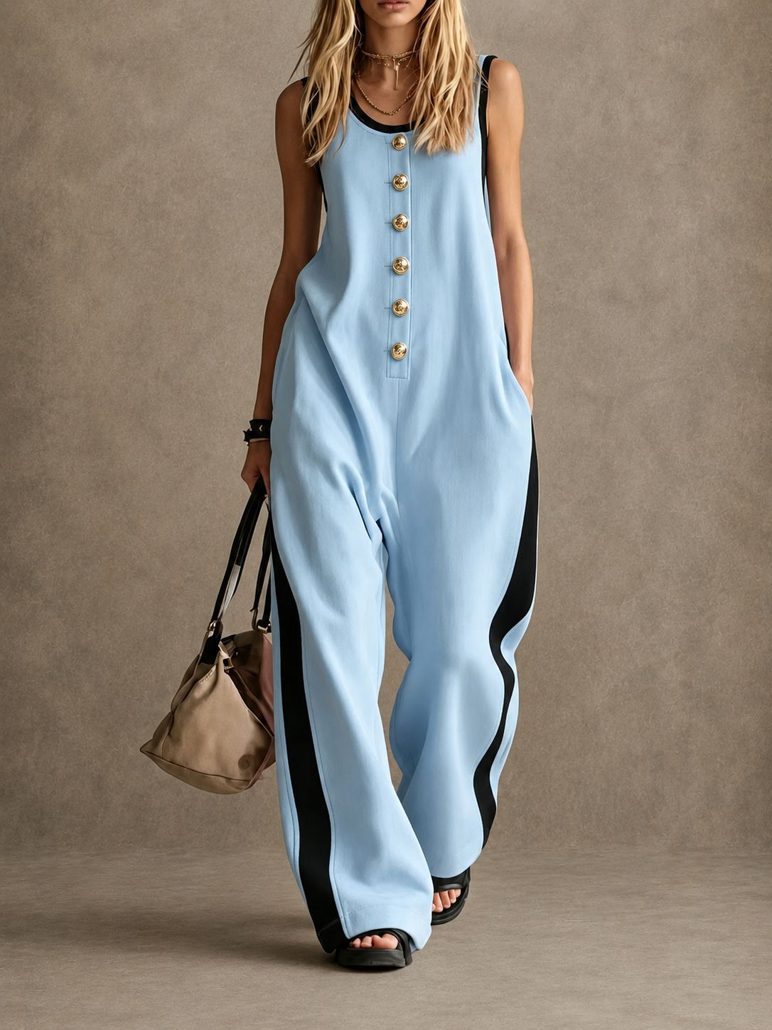 Women's Sleeveless Round Neck Colorblock Jumpsuit with Button Detail