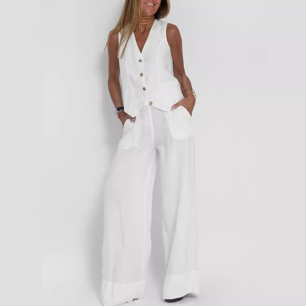 Women's Sleeveless Vest & Pants Set Cotton Linen Patchwork Casual