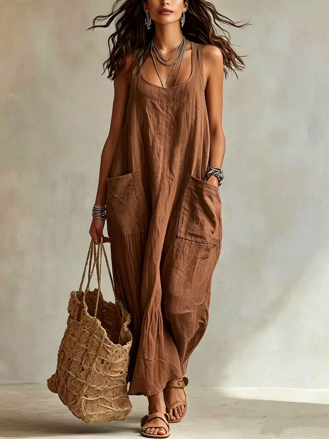Women's Sleeveless A-Line Maxi Dress with Pockets
