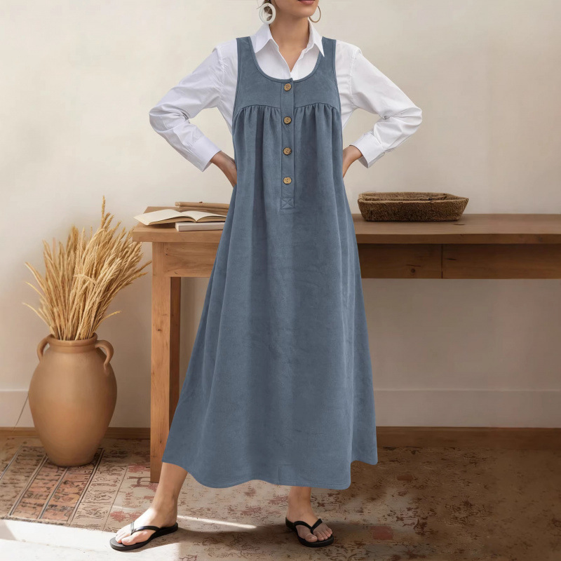 Women's Sleeveless Button A-Line Loose Long Dress Casual