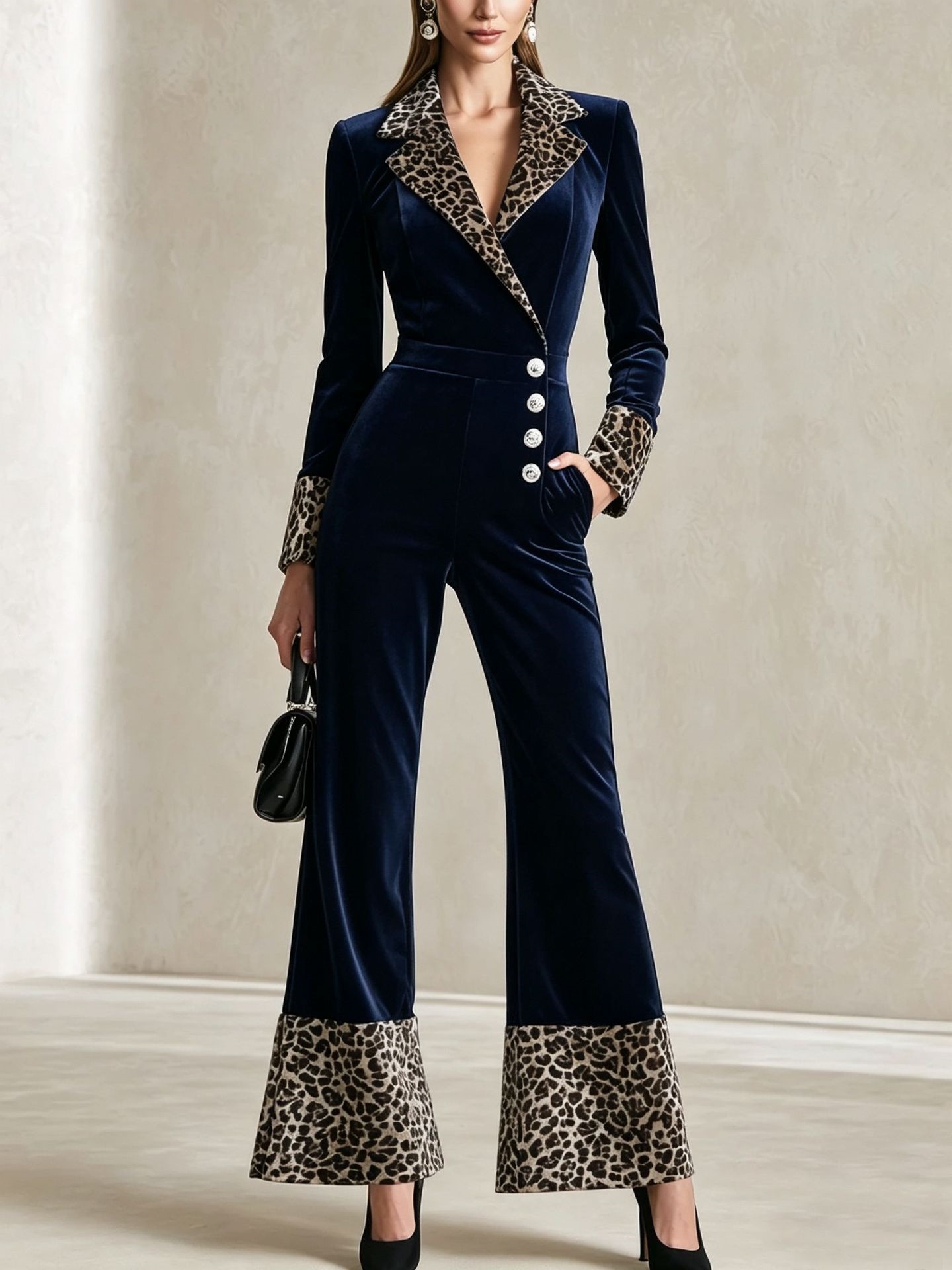 Leopard Print Long Sleeve Long Pants Jumpsuit