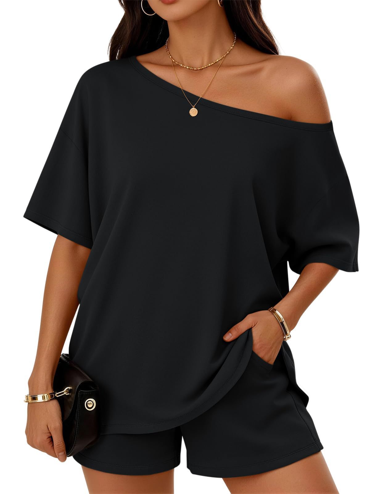 Women's 2-Piece Asymmetric Neck Top and Shorts Set Casual Summer Outfit