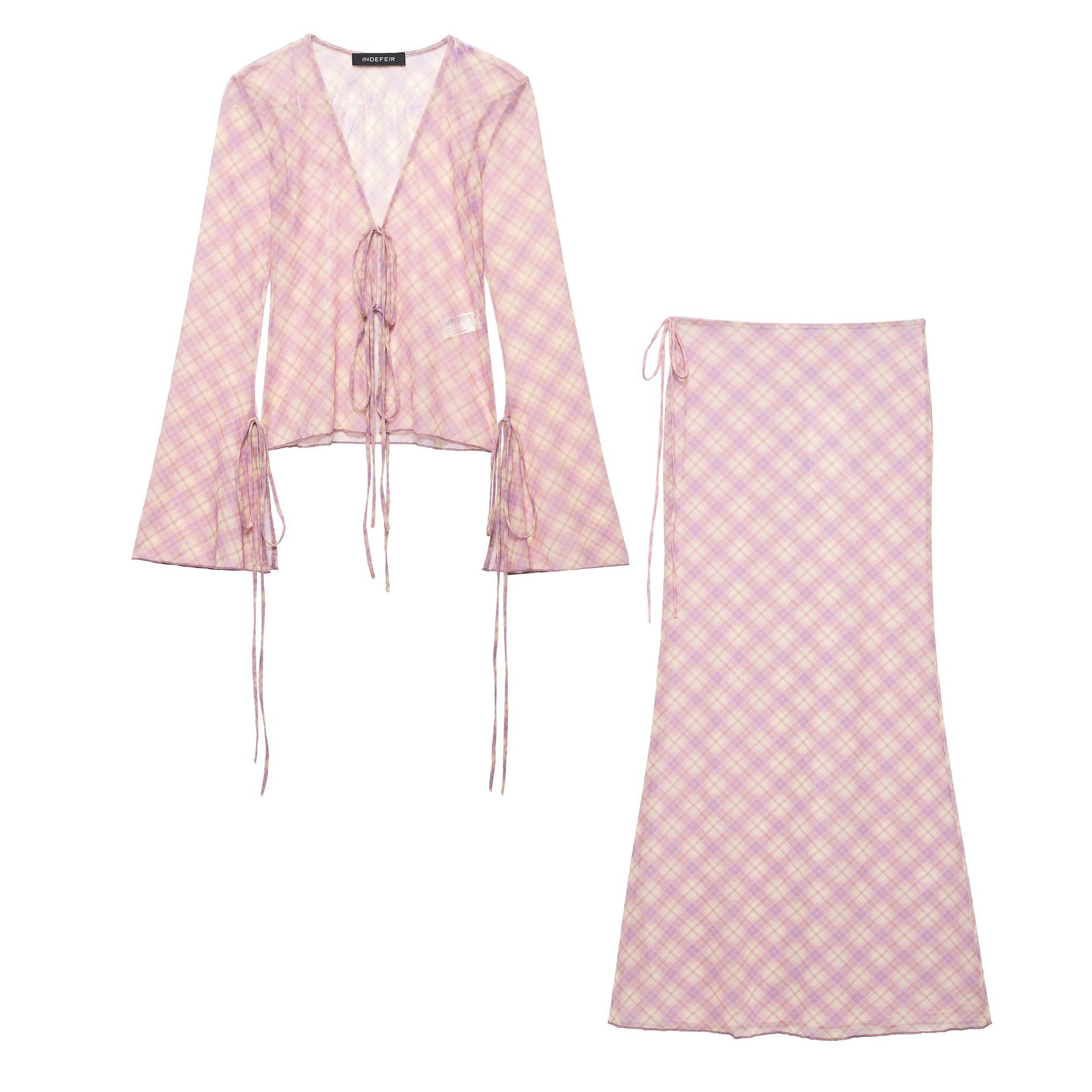 Pink Plaid Top and Midi Skirt Set