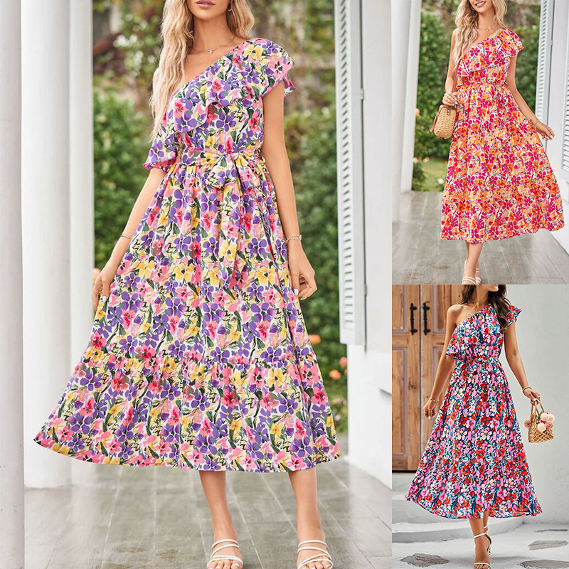 Women's One-Shoulder Floral Print Ruffle Midi Dress with Belt
