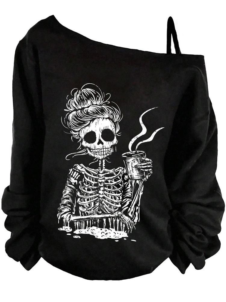 Women's One-Shoulder Long-Sleeve Loose Vintage Sweatshirt with Graphic Print