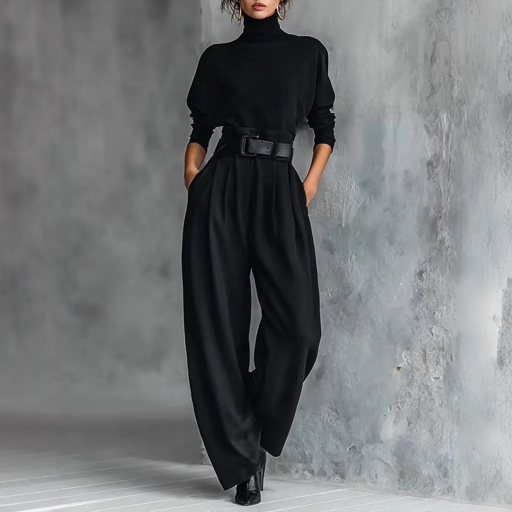 Women's Solid Color Long Sleeve Back Seam Top and Pants Two-Piece Set