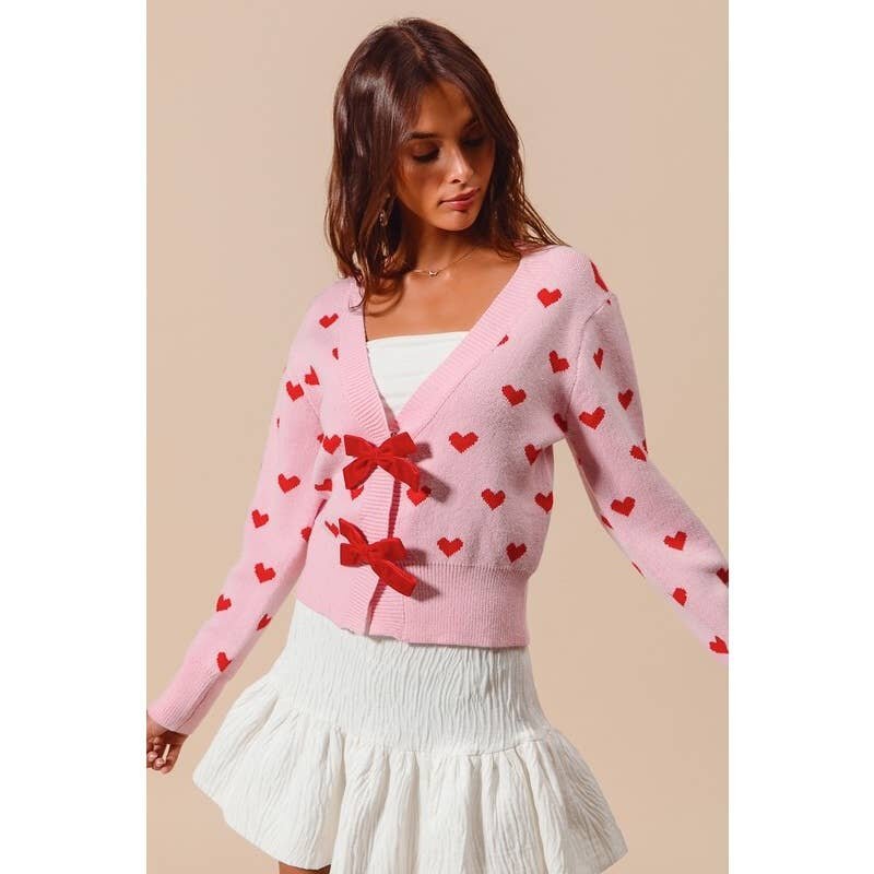 V-Neck Heart Knit Cardigan with Bow Buttons