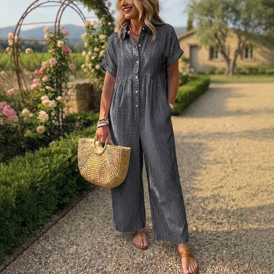 Striped Collared Button-Front Wide-Leg Jumpsuit for Women Summer Vacation