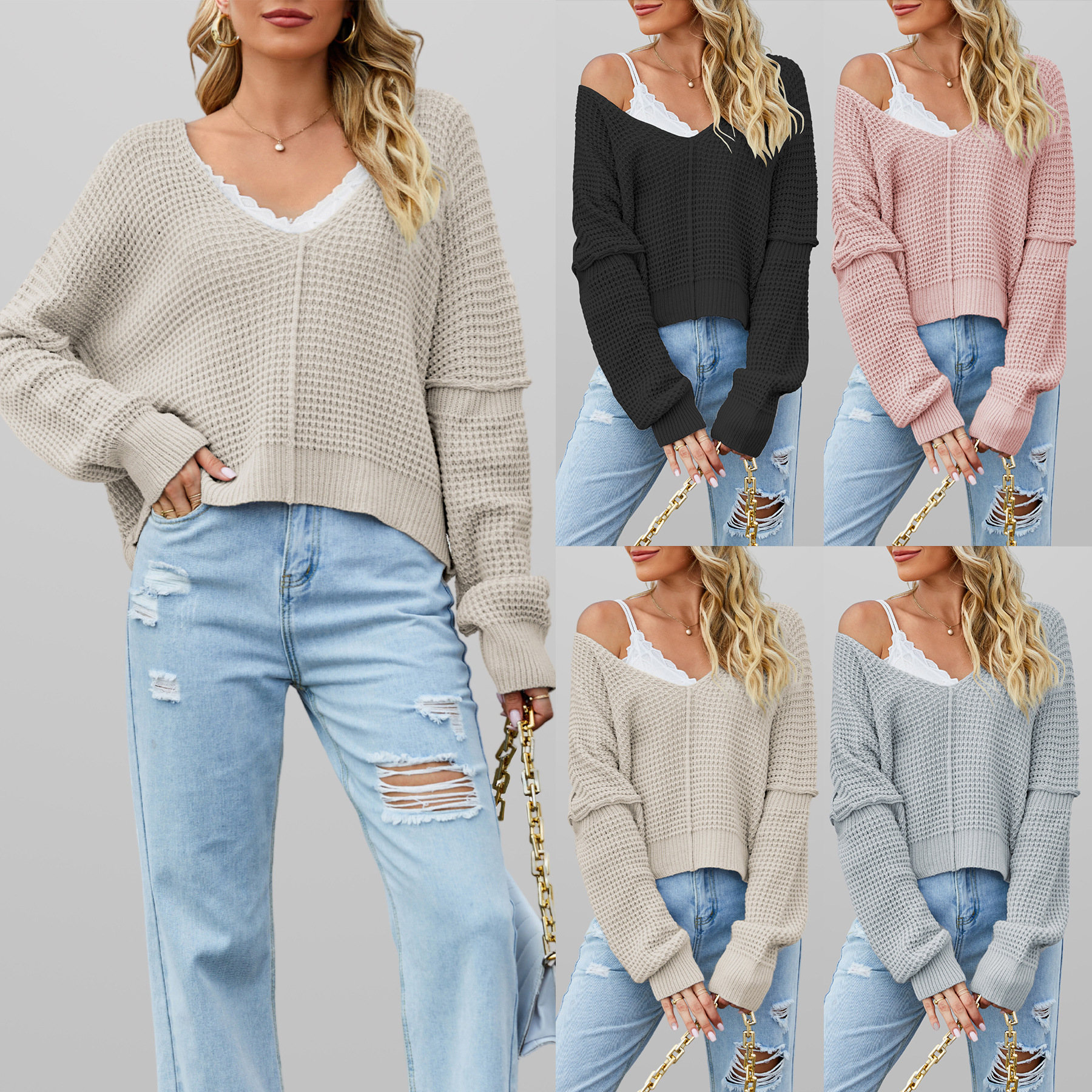 Off-Shoulder V-Neck Loose Knit Sweater