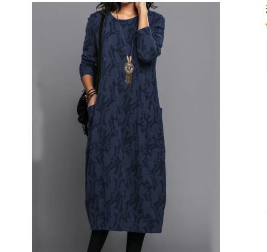 Women's Round Neck Long Sleeve Pocket Dress Casual Floral Print