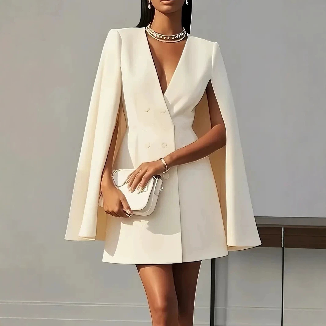 V-Neck Button-Front Cape A-Line Midi Dress