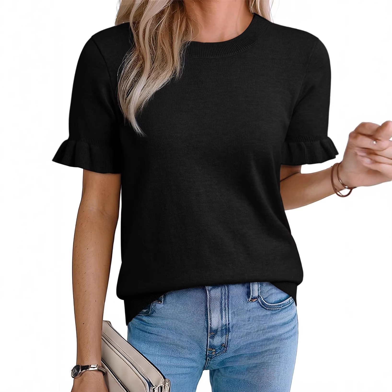 Solid Crewneck Puff Sleeve Knit Top