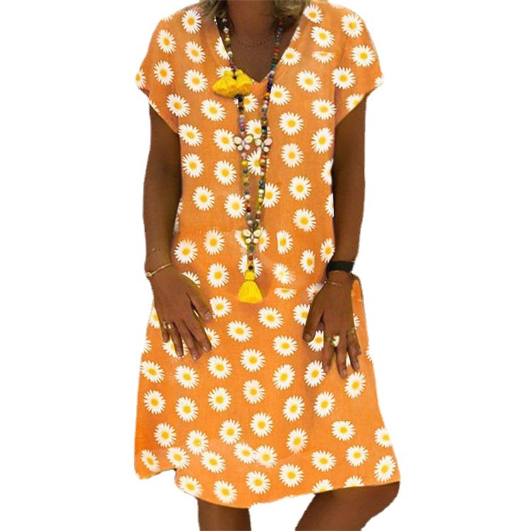 Women's V-Neck Floral Print Dress Short Sleeve Summer