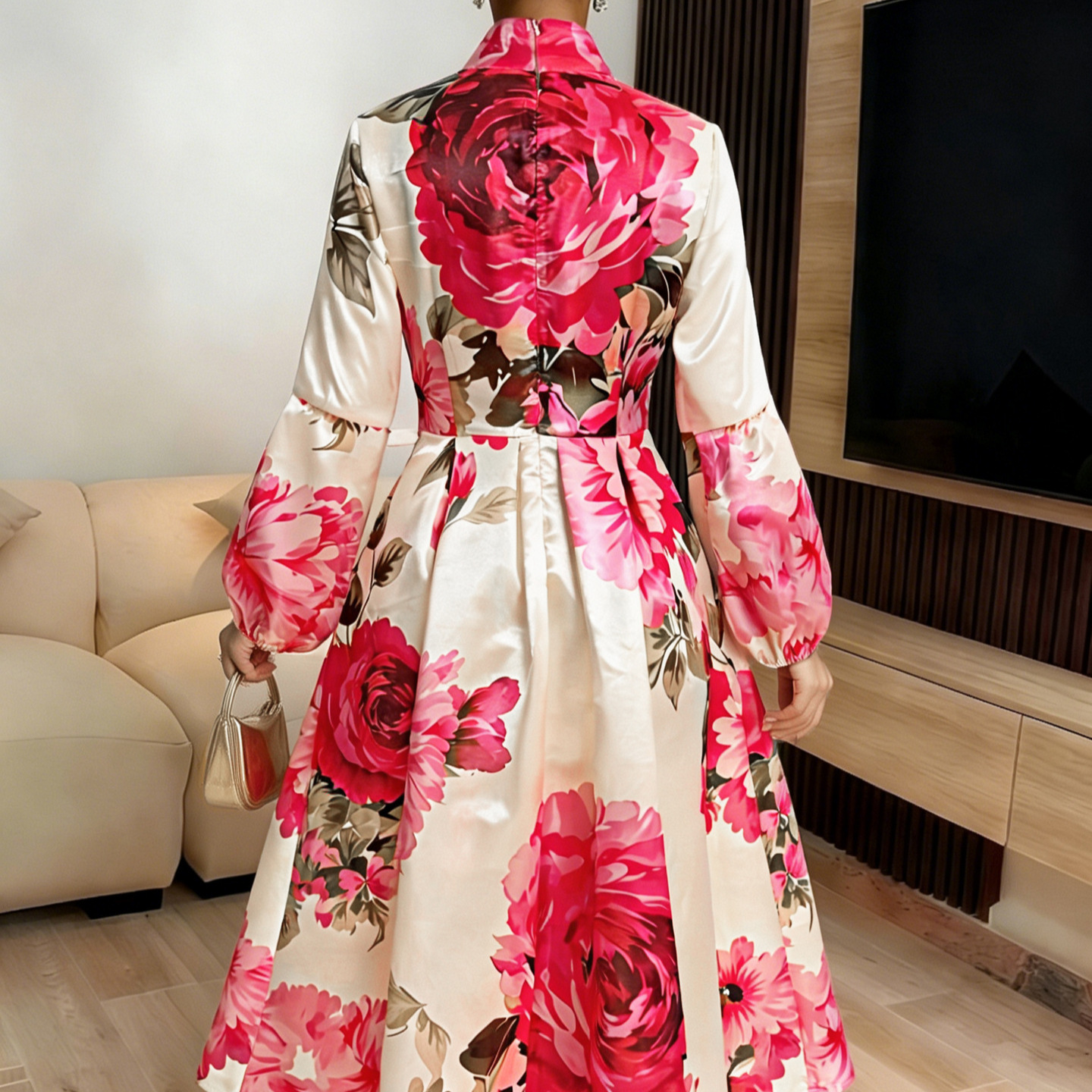 Vintage Floral Print High Neck Long Dress