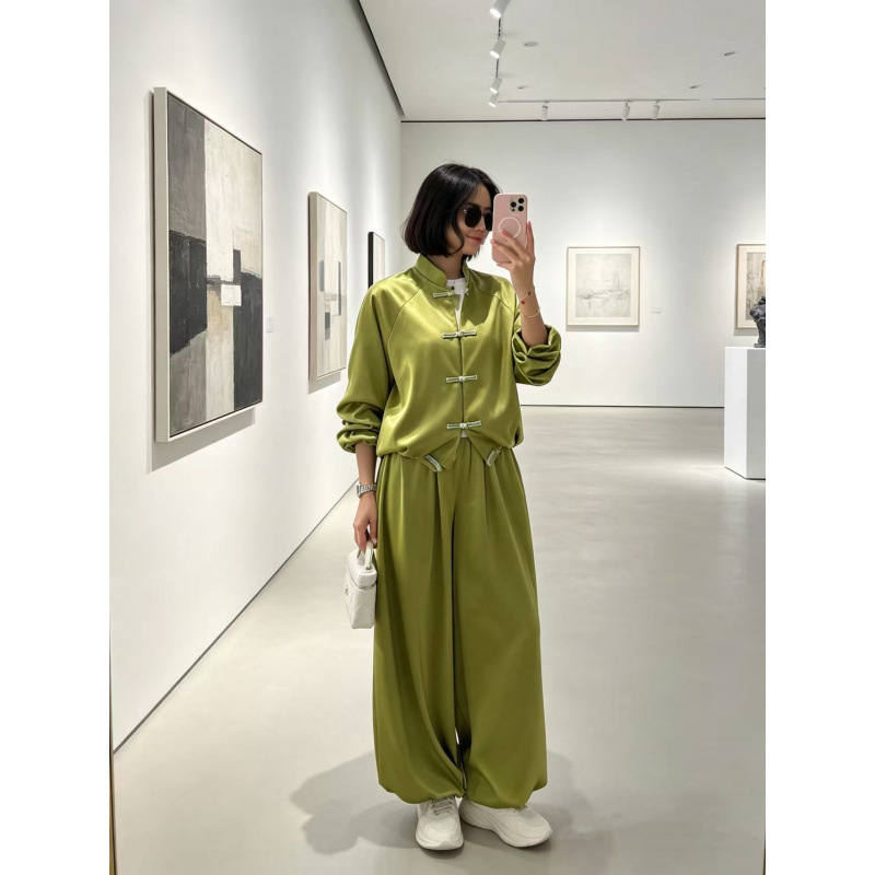 New Chinese Style Frog Button Satin Two-Piece Set with Wide-Leg Drawstring Pants