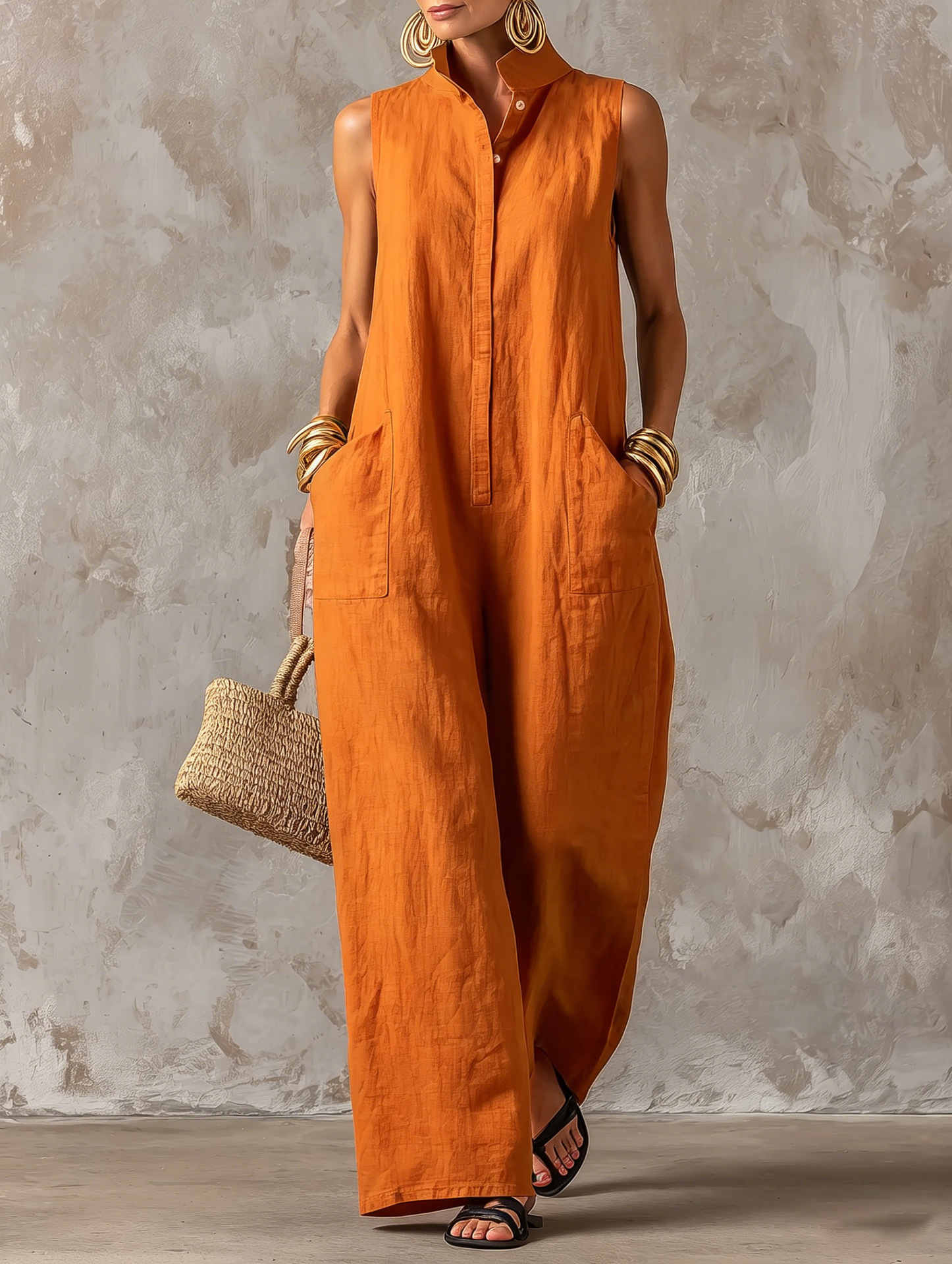 Women's Sleeveless Linen-Blend Jumpsuit with Stand Collar and Button Front Wide-Leg Pants