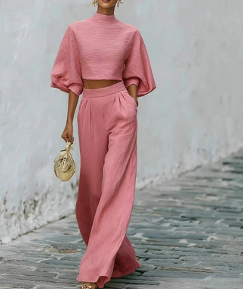 Women's Casual Two-Piece Set Cropped Top High-Waist Pants