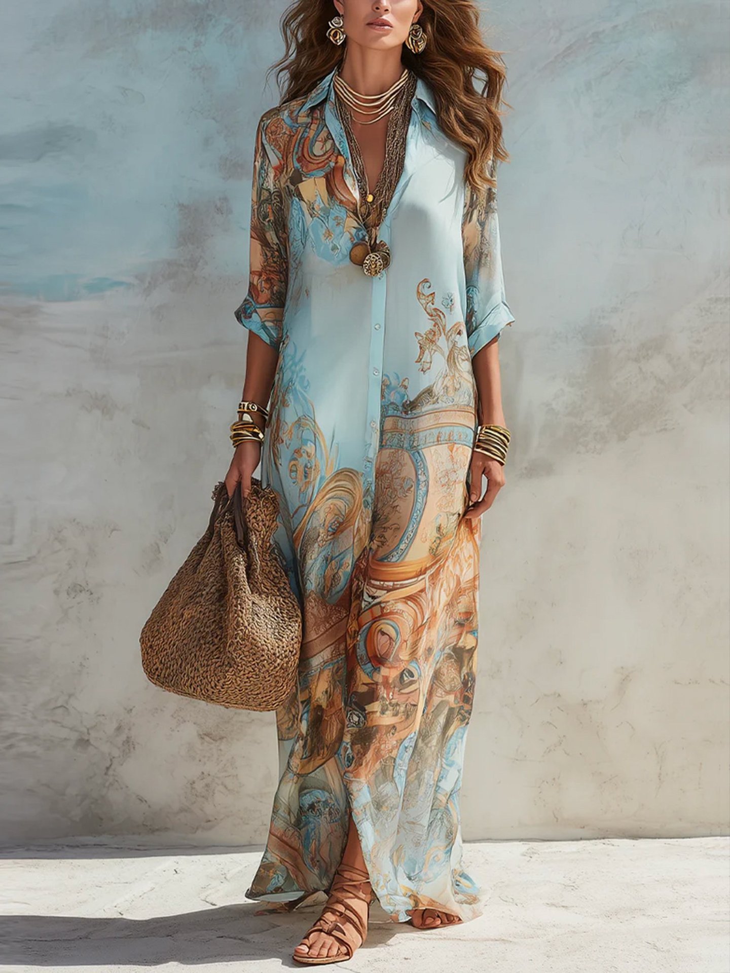 Floral Print Collared Midi Shirt Dress with Puff Sleeves